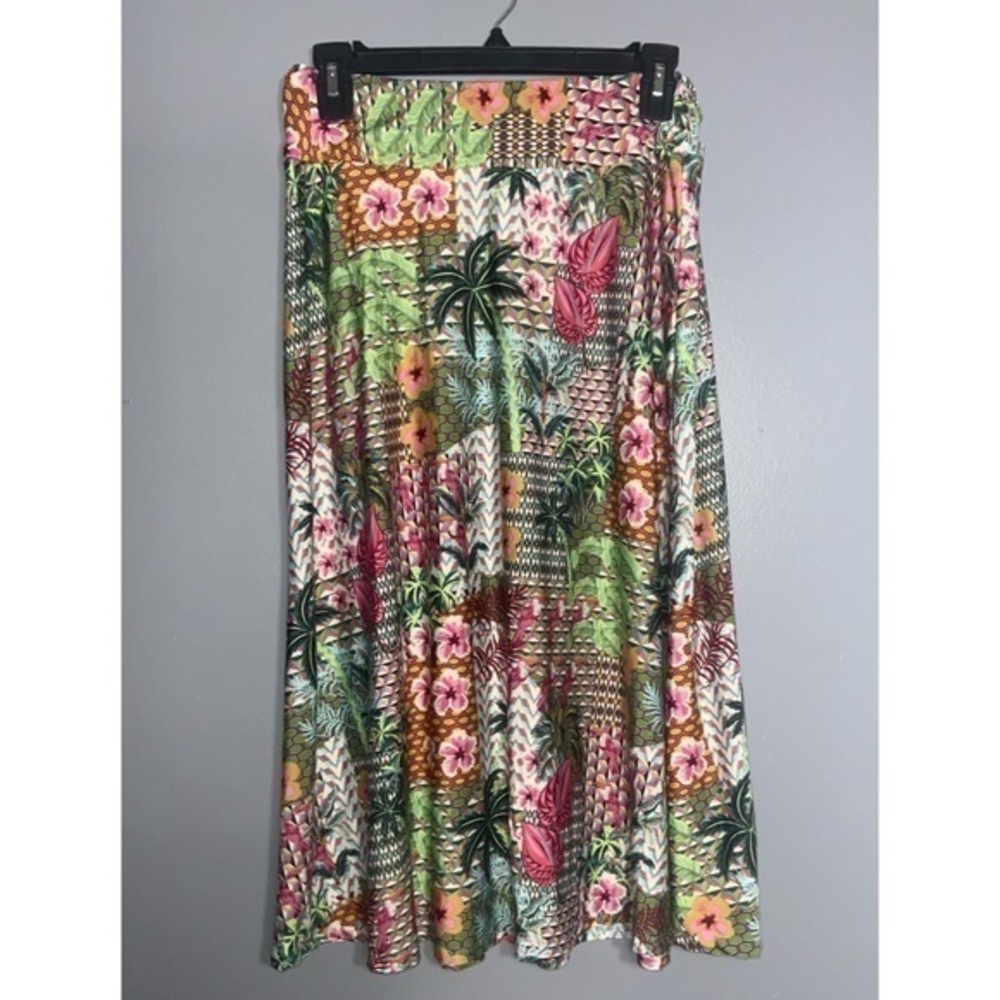 Robert Louis Tropical Floral Colorful Midi Pull On Elastic Waist Pleated Skirt S